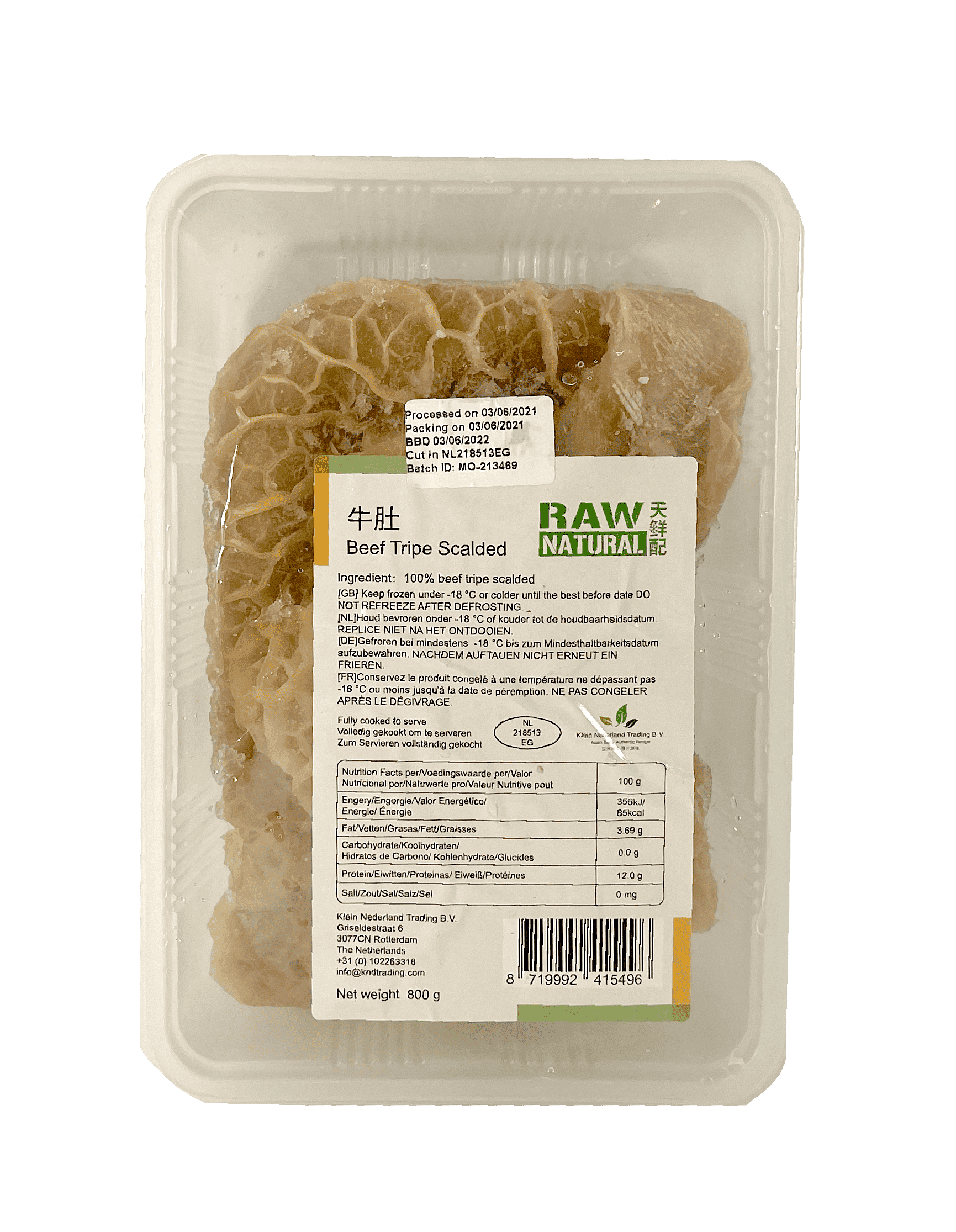 Beef Tripe Scalded Frozen 800g Niu Du Lee's Hot Pot Nederländerna